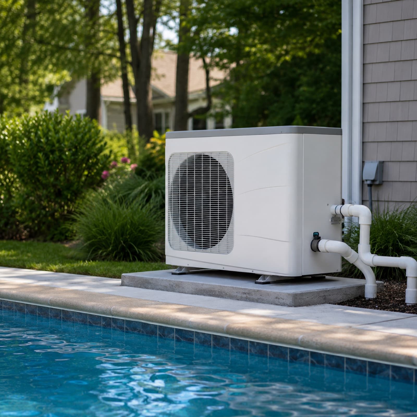 Pool heat pump being serviced beside a Long Island inground pool