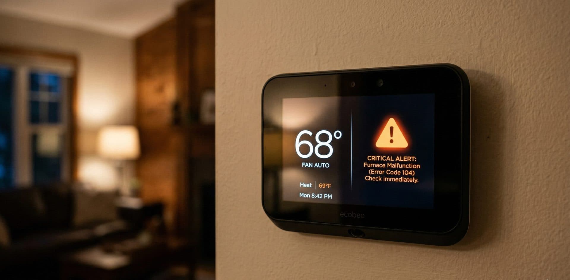 Smart thermostat on wall showing system status