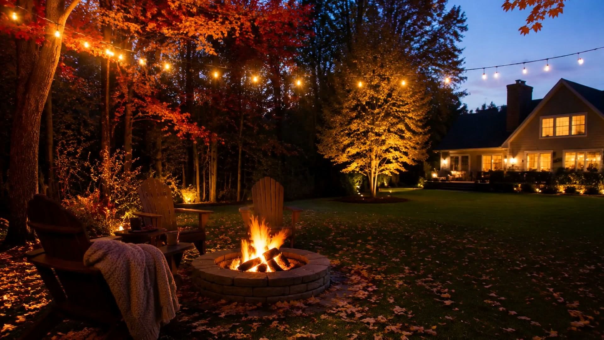 A cozy Long Island backyard fire pit on a crisp autumn evening