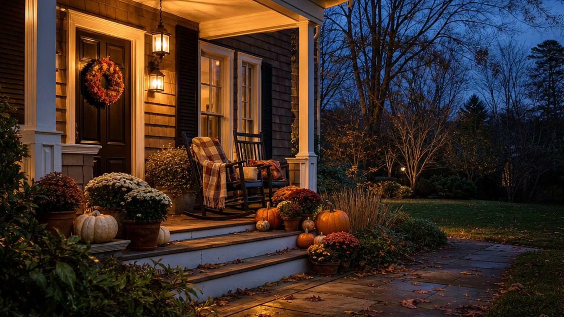 A cozy Long Island front porch decorated for late autumn with pumpkins and mums at dusk