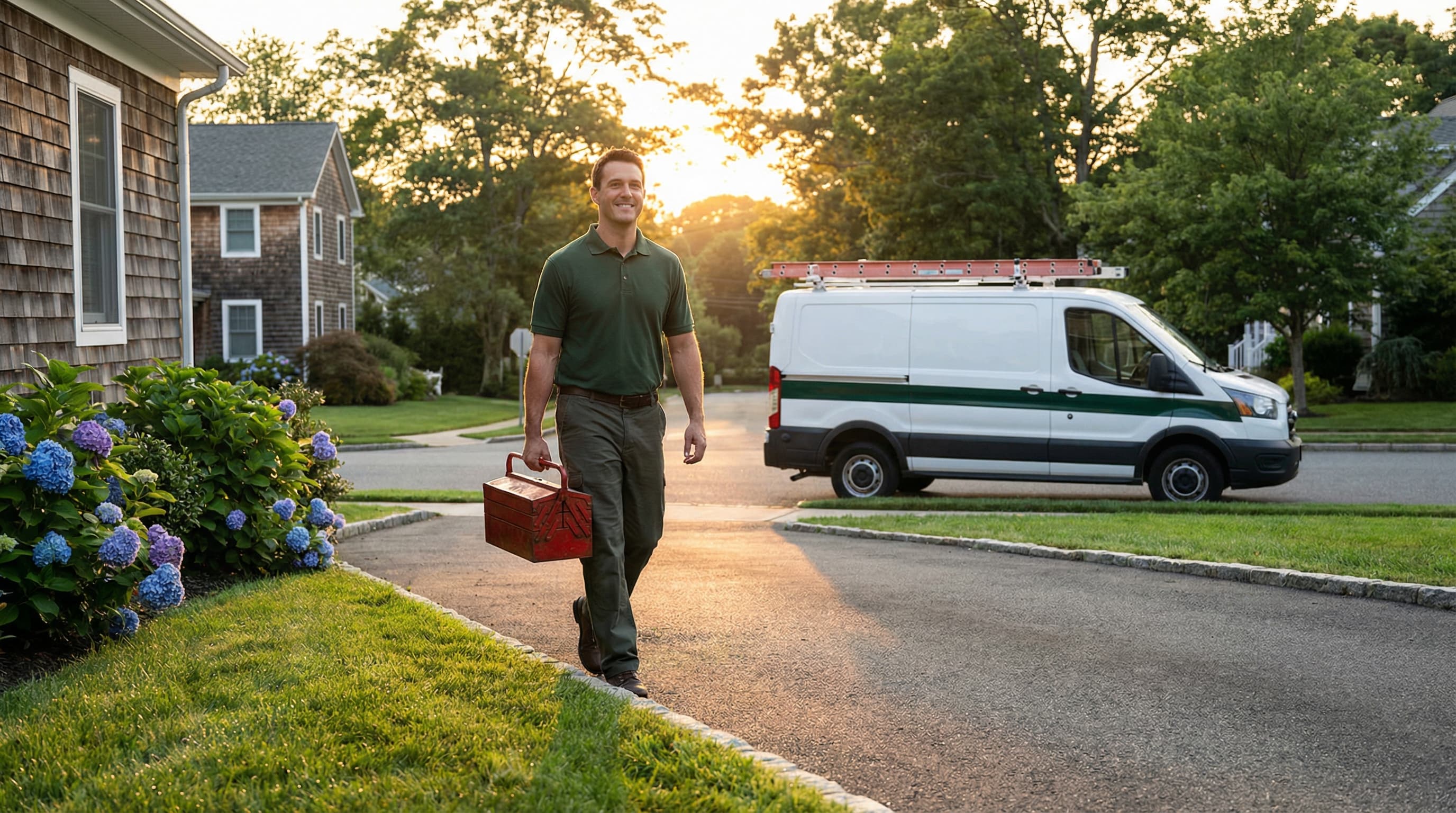 Patchogue Heating and Air Conditioning technician walking up a Long Island driveway with service van