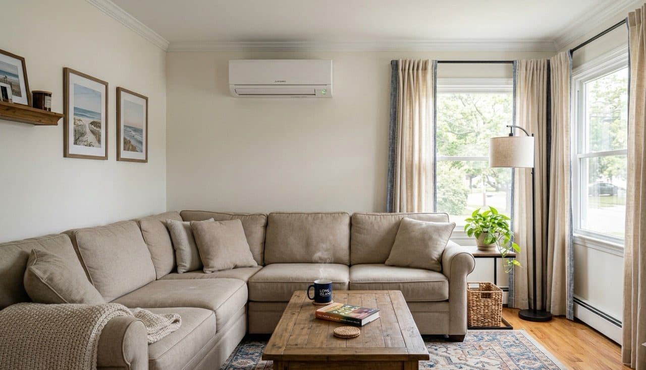 Warm cozy living room heated by a reliable HVAC system