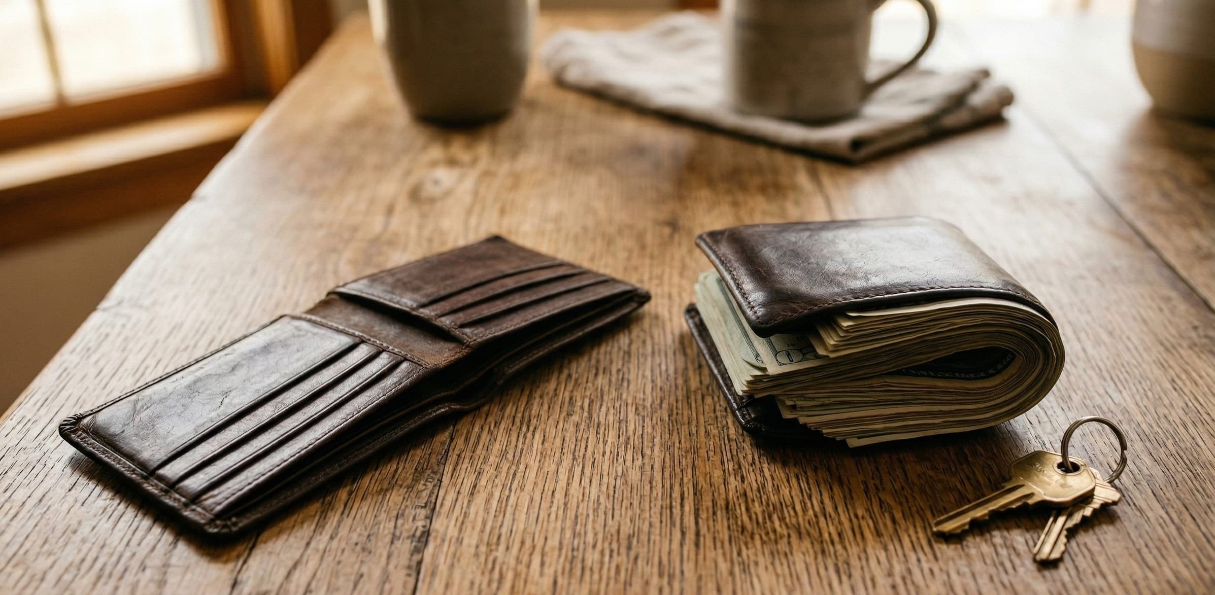 Empty wallet vs. full wallet on a kitchen table