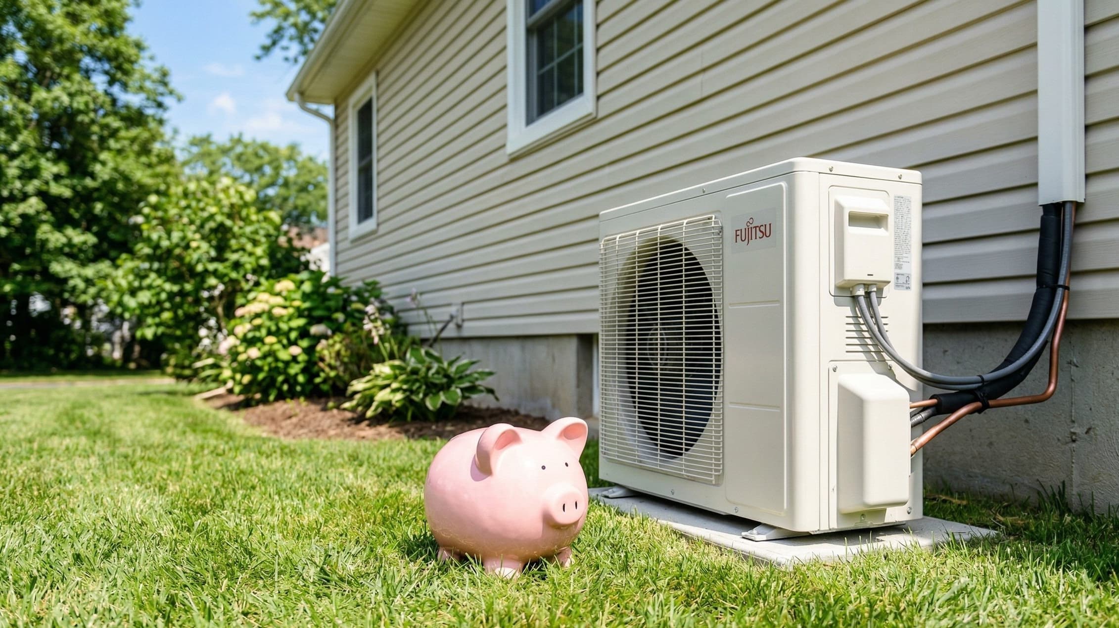 Heat pump with piggy bank representing rebate savings