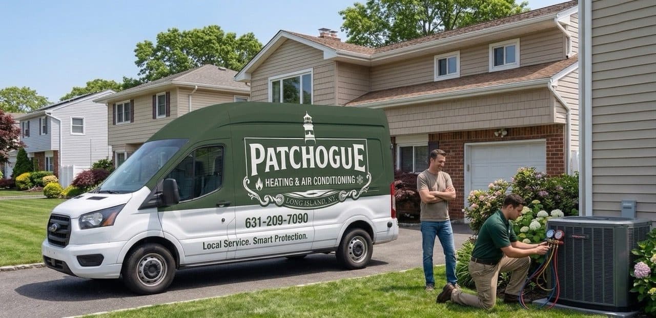 HVAC technician servicing an air conditioning unit on Long Island