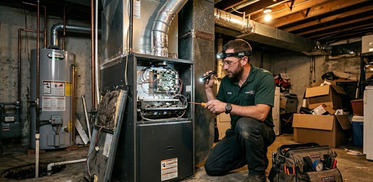 HVAC technician repairing furnace in basement
