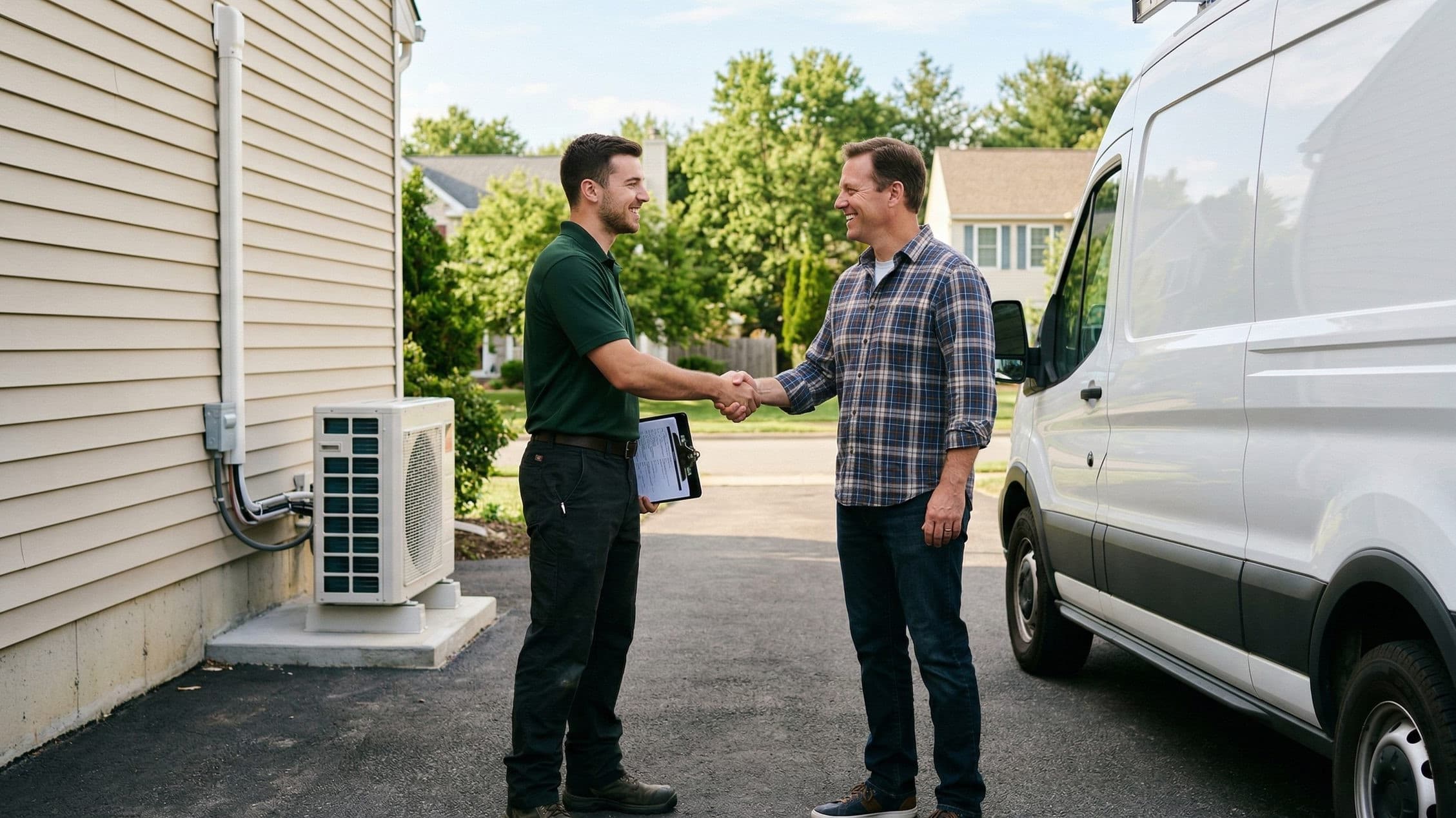 Patchogue Heating technician greeting a homeowner
