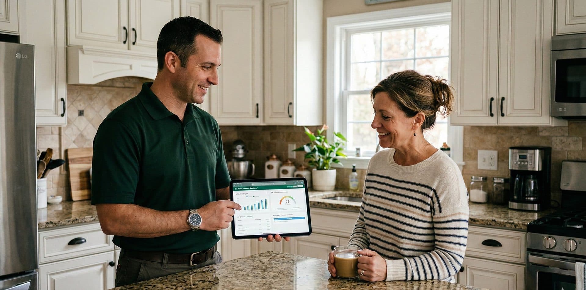 HVAC technician explaining system options to a Long Island homeowner