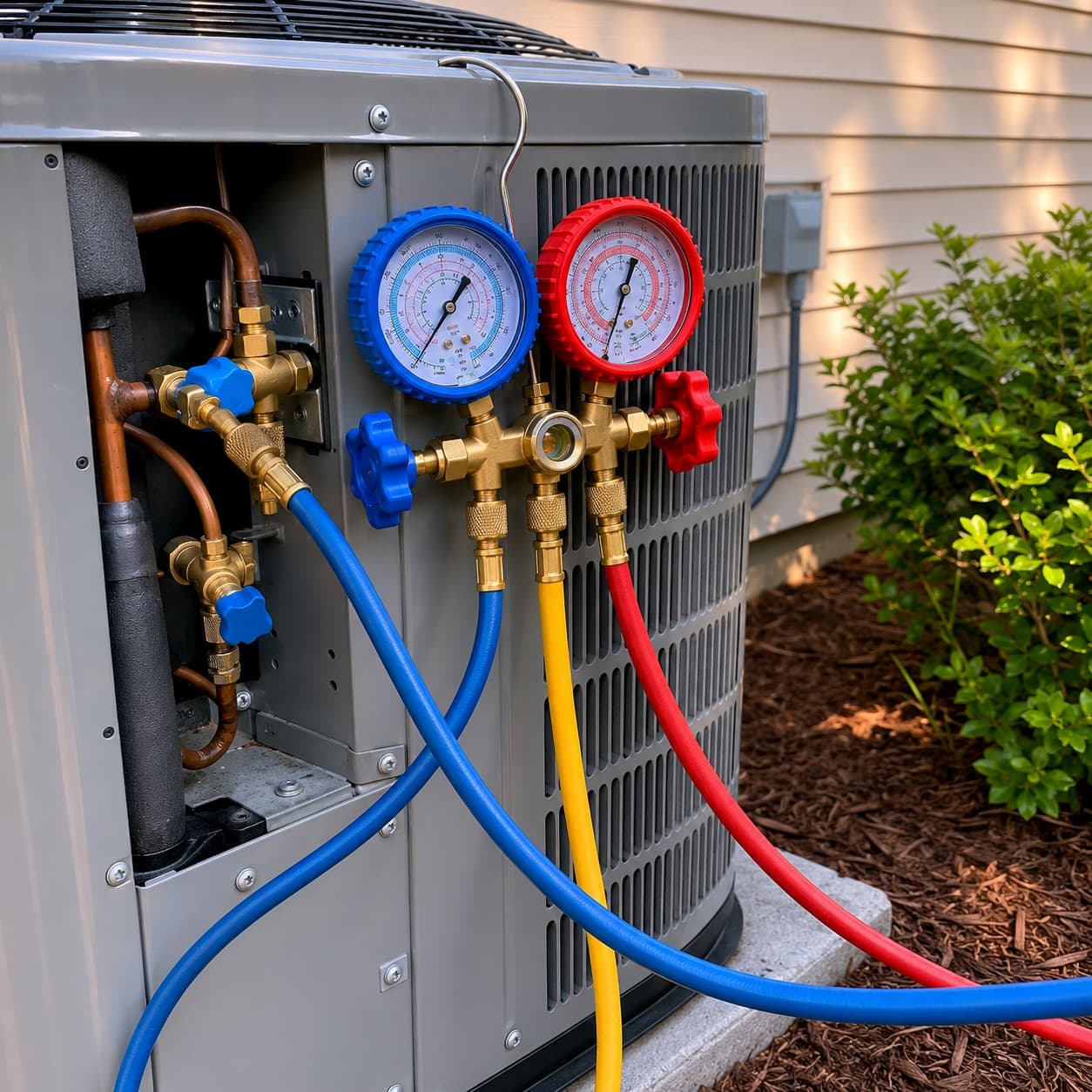 HVAC gauges connected to a residential AC condenser during a cooling tune-up HVAC gauges connected to a residential AC condenser during a cooling tune-up