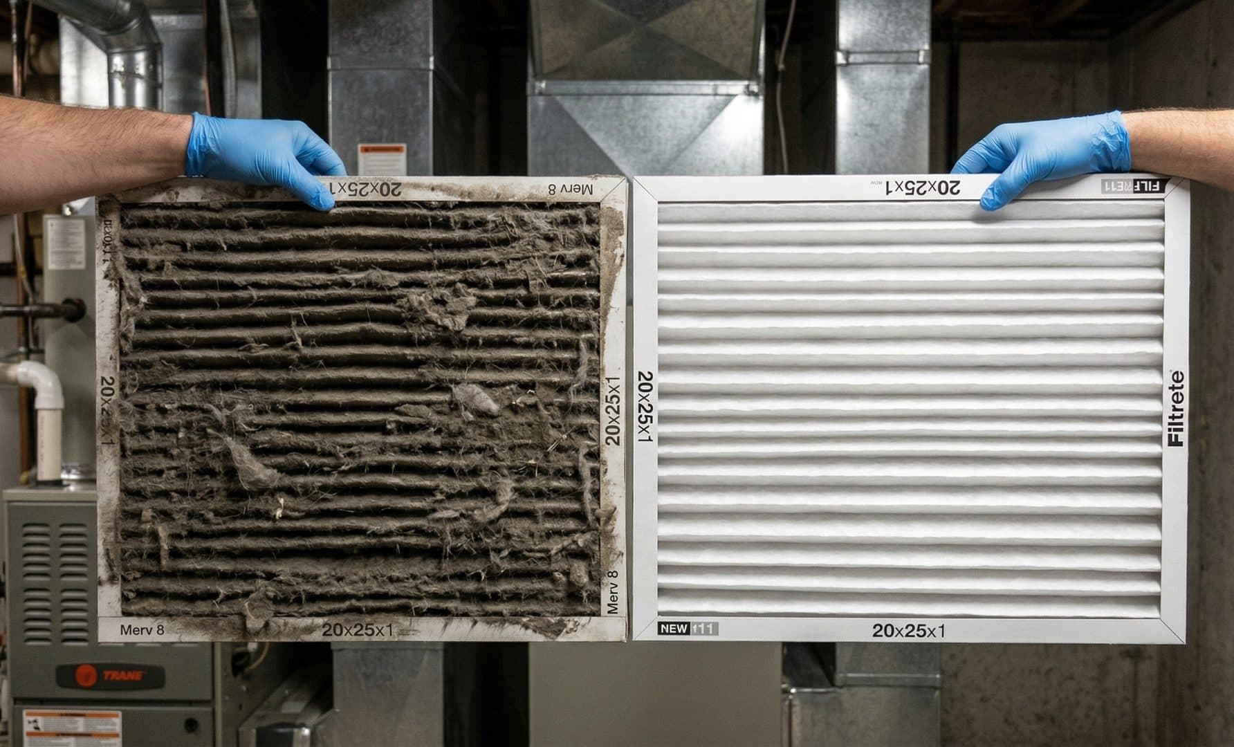 Dirty air filter vs clean air filter Side-by-side comparison of a dirty 20x25x1 HVAC filter pulled from a Long Island furnace next to a clean replacement filter