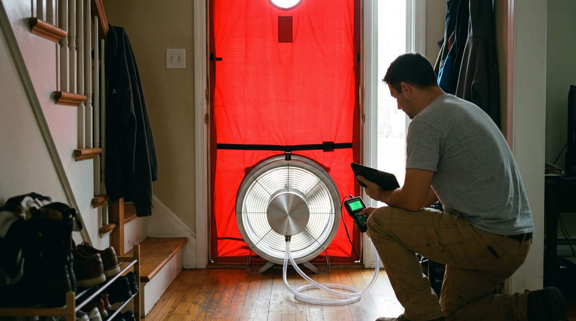 Blower door set up in the doorway of a Long Island home during an energy assessment Blower door set up in the doorway of a Long Island home during an energy assessment