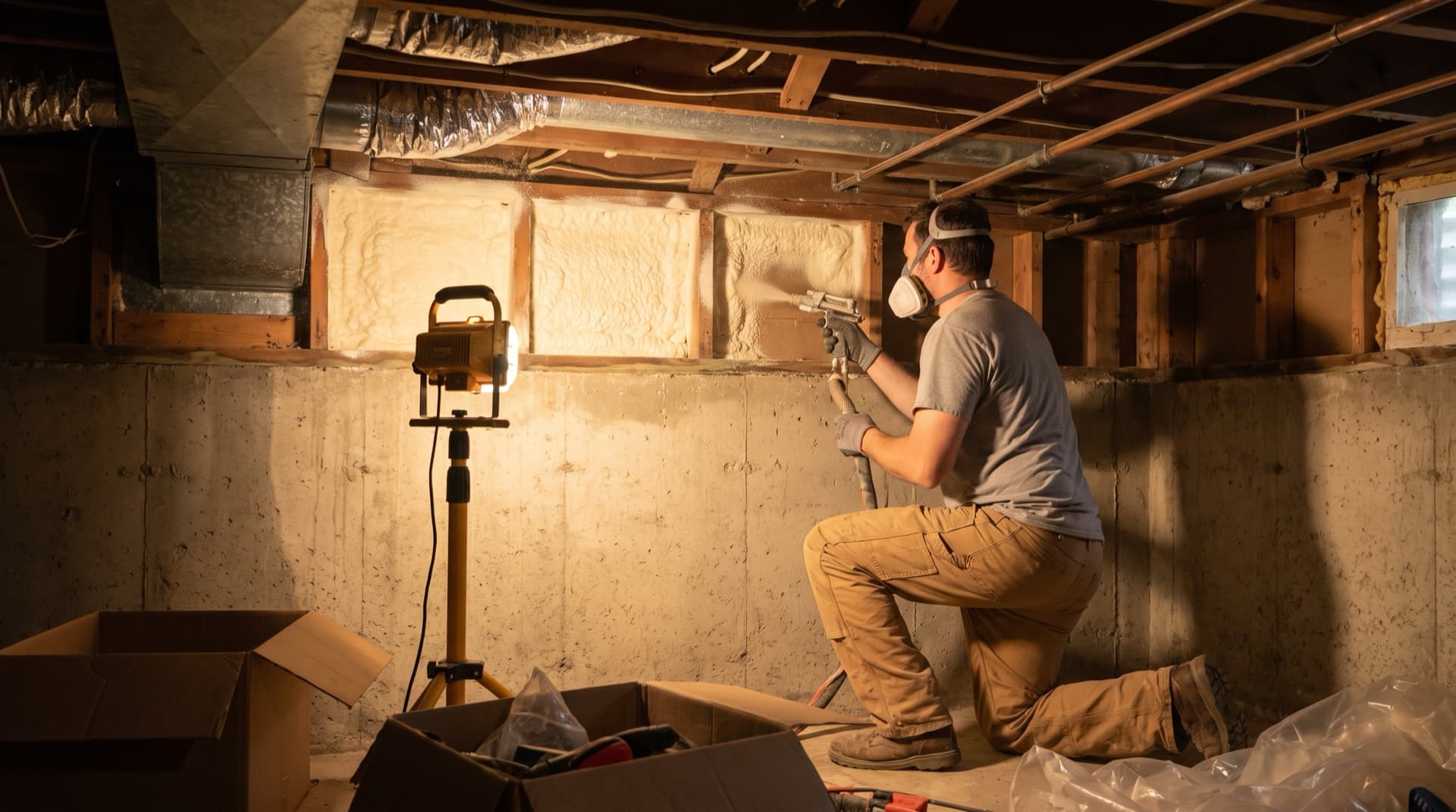 Closed cell spray foam applied at a rim joist in a Long Island basement Closed cell spray foam applied at a rim joist in a Long Island basement