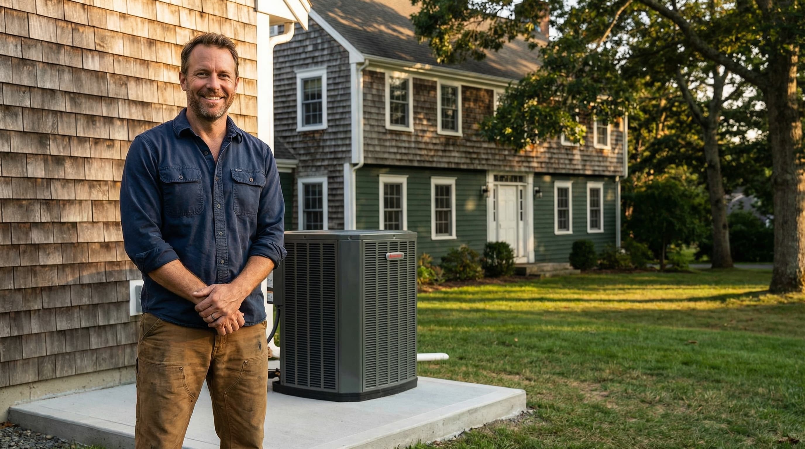 HVAC technician standing next to an air conditioning condenser outside a Long Island home HVAC technician standing next to an air conditioning condenser outside a Long Island home